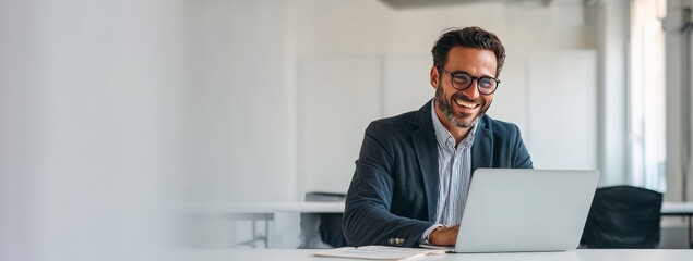 A cheerful professional man working on a laptop in a modern office setting, with bright lighting and minimalistic decor, focused on his tasks while enjoying the work environment