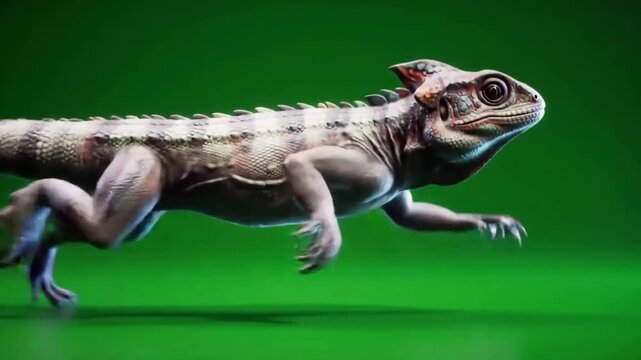 A vibrant lizard-like creature running on a green background, showcasing detailed anatomy and colors