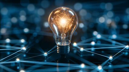 Creative technology innovation concept with glowing light bulb connected by digital network lines symbolizing invention, imagination, business solutions, and modern startup creativity