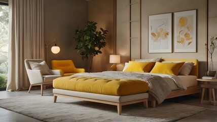 Obraz premium Modern bedroom interior with yellow accents