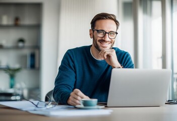 A smiling man in a blue sweater sits at a modern desk with a laptop, holding a cup of coffee, enjoying a productive workday in a bright, stylish office space