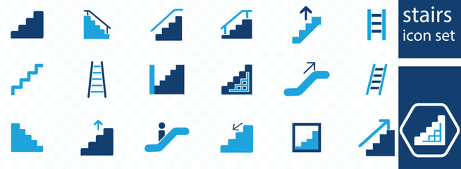 stairs icon set . staircase, upstairs, step, climb, downstairs, escalator, stairway, ladder, stairwell, Editable stroke. Vector illustration