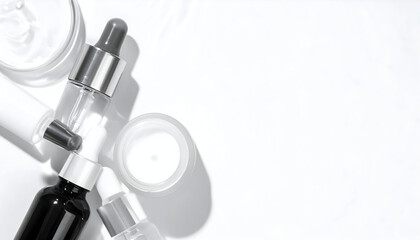 Minimalist Flat Lay of Skincare Products Including Bottles of Serums and Creams on White Background