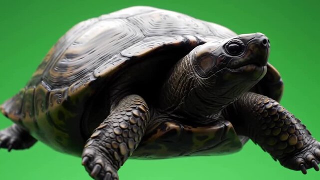 Realistic turtle model on a vibrant green background, showcasing its detailed shell and limbs