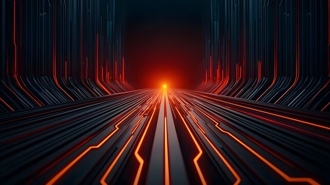 The image shows a futuristic perspective view of dark parallel structures with glowing orange lines, converging towards a bright source of light at the vanishing point.