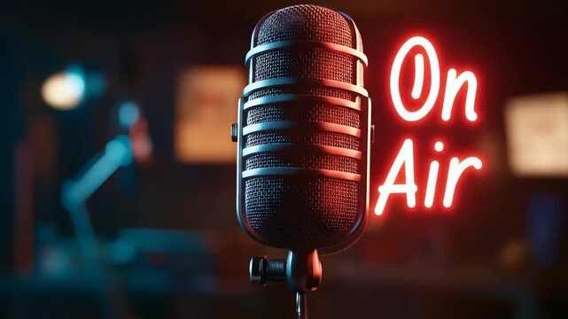 Vintage microphone with a red On Air neon sign