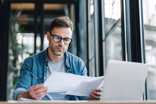 A focused young man in glasses reviewing documents at a modern workspace, with a laptop open and greenery visible through large windows in the background, emphasizing productivity