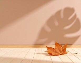 Dried leaves on light wood floor, cast shadow on pale wall