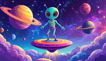Naklejka premium Alien in Space - Colorful Galaxy Adventure mascot