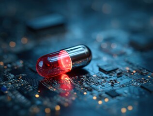 Close-up of a small cylindrical electronic device with a red light on a wet in low light