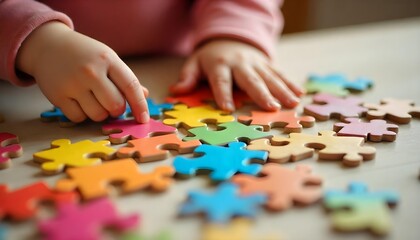 Fototapeta premium A child's hand interacts with a vibrant puzzle piece, embodying fun and creativity during International Children's Day festivities