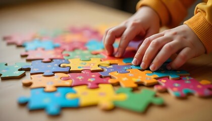 A small hand touches a puzzle piece, representing joy and playfulness in celebration of International Children's Day