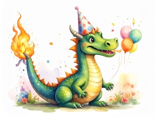 Birthday Dragon with Balloons and Fire mascot