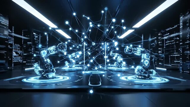 Futuristic robotic hand display with neon cityscape technology illustration