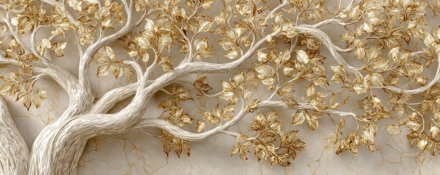 A captivating tree with textured bark and golden leaves creates an elegant and luxurious botanical design, perfect for adding a touch of nature and sophistication to any project.