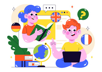 Online Language Learning Vector Illustration Featuring Courses, Training Programs, and Studying Foreign Languages Abroad through Website Education