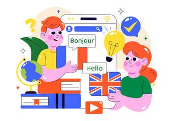 Online Language Learning Vector Illustration Featuring Courses, Training Programs, and Studying Foreign Languages Abroad through Website Education