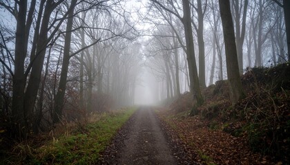 Obraz premium Misty Forest Pathway in Autumn