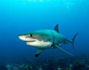 Great white shark in blue ocean