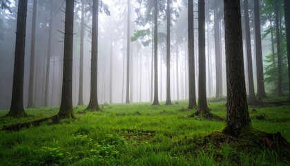 Misty Forest with Tall Pine Trees