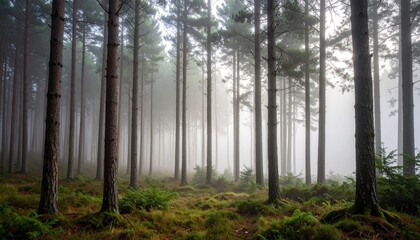 Naklejka premium Mystical Foggy Forest Landscape