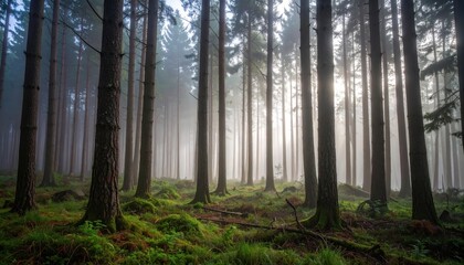 Obraz premium Misty Forest with Sunlight Streaming Through Trees