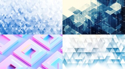 Abstract geometric patterns in four quadrants.  A vibrant blend of triangular and square shapes, in various pastel and cool tones, with interweaving lines and dots