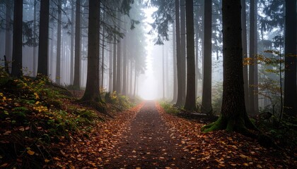 Naklejka premium Misty Forest Path in Autumn