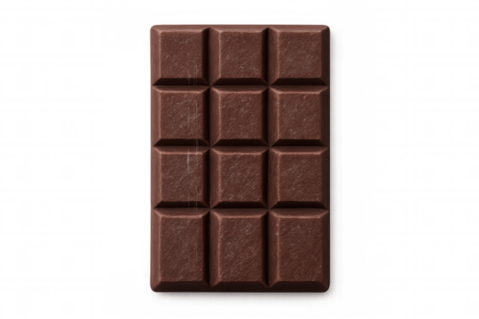 Milk chocolate bar segmented into twelve squares, resting on transparent surface with clean, crisp presentation