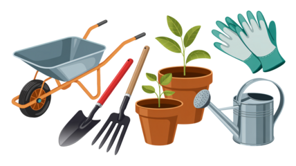 Gardening tools, plants, and wheelbarrow ready for spring season work