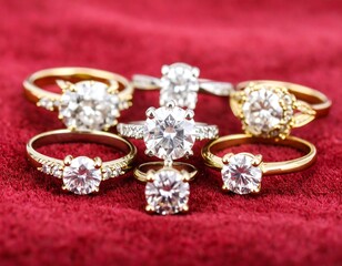 Obraz premium Elegant diamond rings on red fabric