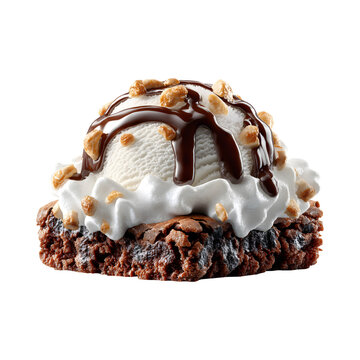 Decadent brownie sundae with vanilla ice cream, whipped cream, and nuts