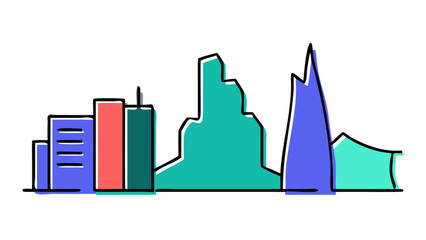 Modern abstract cityscape silhouette with colorful buildings and skyscrapers against a stark black background