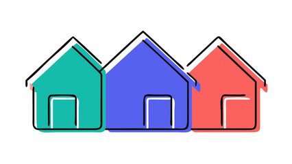 Three stylized colorful houses in teal blue purple and coral red with white doors on a black background