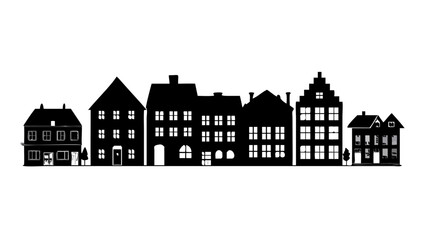 Minimalist hand drawn sketch of two simple buildings with windows and doors against a stark black background