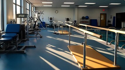 Morning light streams into an empty rehabilitation gym, the camera slowly dollying past a set of parallel bars toward a still, blue therapy pool. - Powered by Adobe
