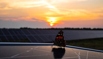 Butterfly on solar panel at sunset