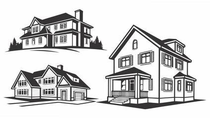 Collection of detailed black and white architectural illustrations of diverse residential houses and homes