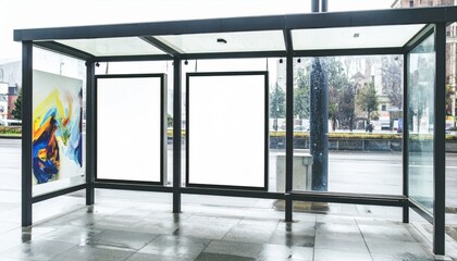 Fototapeta premium Modern Bus Shelter with Dual Blank Billboards for Mockups on a Rainy Urban Street.