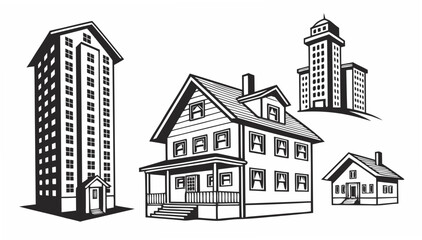 Fototapeta premium Collection of diverse architectural buildings including a tall skyscraper a classic two story house and a smaller cottage