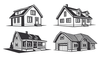 Collection of four distinct architectural styles of houses and garages rendered in a clean black and white vector illustration