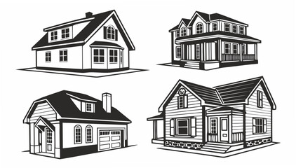 Collection of four stylized black and white architectural illustrations of diverse residential houses