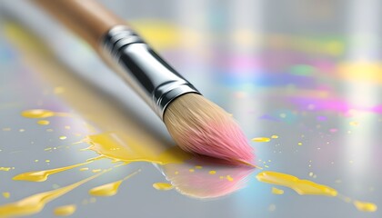  Paintbrush with Pink Bristles and Splattered Yellow Paint