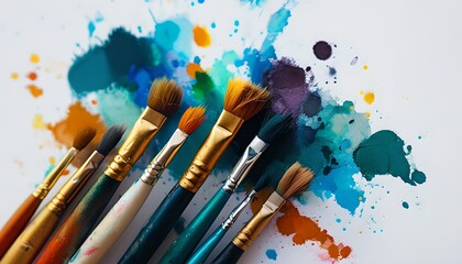 Close Up of Makeup Brushes with Powder Spills on White Background