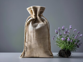 Beige Cotton Pouch Mockup with Lavender Plant
