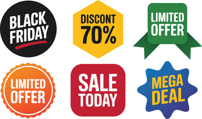 Six Promotional Badges for Black Friday, Mega Deal, Limited Offer, and Discount Sales