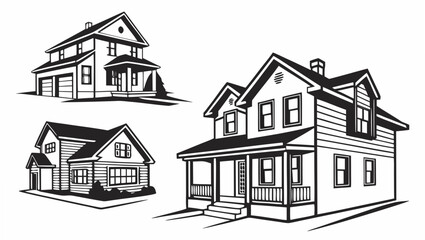 Collection of three distinct black and white line art illustrations of suburban residential houses with architectural details