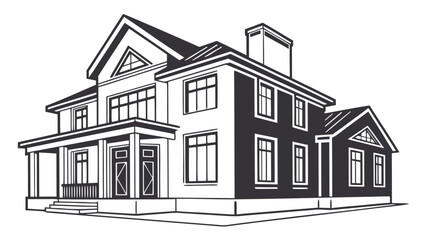 Detailed black and white illustration of a classic american suburban two story house with a front porch and chimney