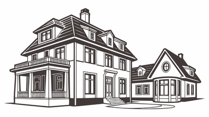 Detailed black and white illustration of a large classic two story house with a porch and a smaller attached building