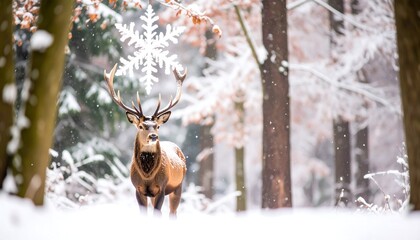 Majestic stag stands in snowy forest, large snowflake adorns antlers